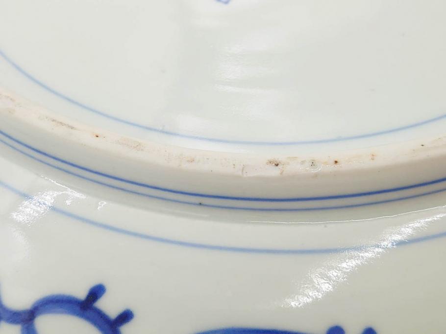 江戸期　古伊万里　染付　線描　花唐草　約41cm　1尺3寸　食卓を爽やかに彩る大皿(和皿、和食器、一尺三寸)(R-083133)