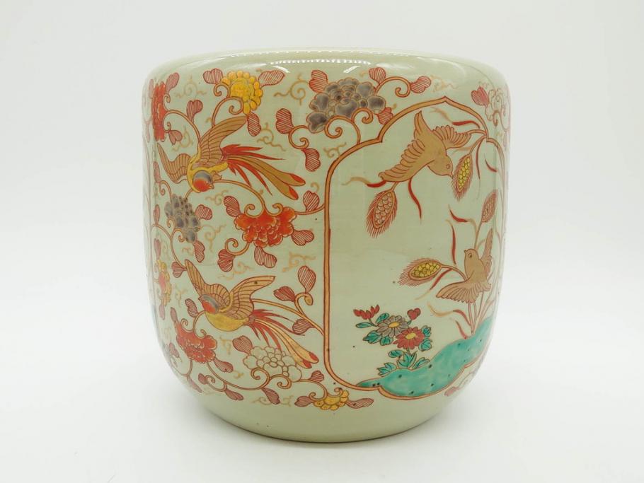 上手物　染付　色絵　金彩　花鳥図　丁寧に描かれた絵柄が素敵な火鉢(鉢カバー、手あぶり、傘立て)(R-083135)