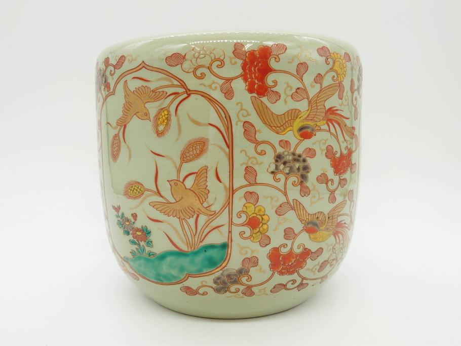 上手物　染付　色絵　金彩　花鳥図　丁寧に描かれた絵柄が素敵な火鉢(鉢カバー、手あぶり、傘立て)(R-083135)