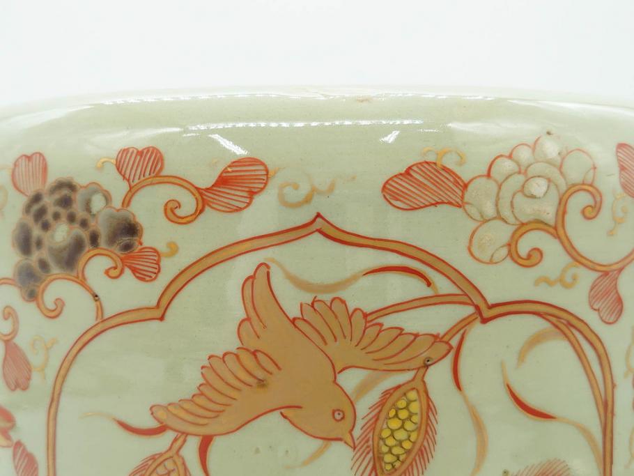 上手物　染付　色絵　金彩　花鳥図　丁寧に描かれた絵柄が素敵な火鉢(鉢カバー、手あぶり、傘立て)(R-083135)