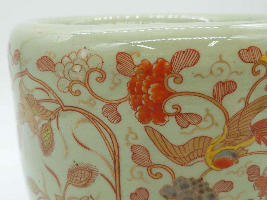 上手物　染付　色絵　金彩　花鳥図　丁寧に描かれた絵柄が素敵な火鉢(鉢カバー、手あぶり、傘立て)(R-083135)