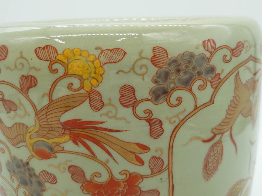 上手物　染付　色絵　金彩　花鳥図　丁寧に描かれた絵柄が素敵な火鉢(鉢カバー、手あぶり、傘立て)(R-083135)