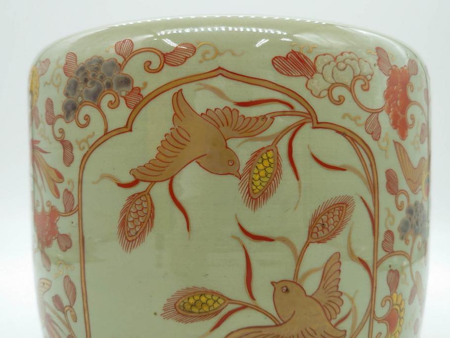 上手物　染付　色絵　金彩　花鳥図　丁寧に描かれた絵柄が素敵な火鉢(鉢カバー、手あぶり、傘立て)(R-083135)