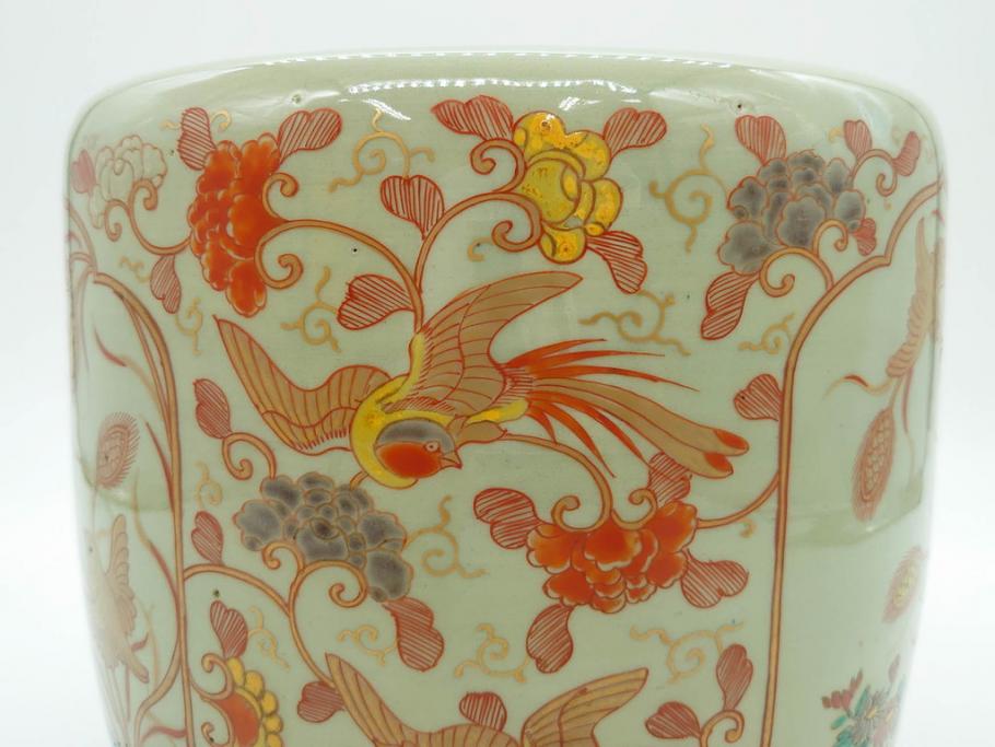 上手物　染付　色絵　金彩　花鳥図　丁寧に描かれた絵柄が素敵な火鉢(鉢カバー、手あぶり、傘立て)(R-083135)