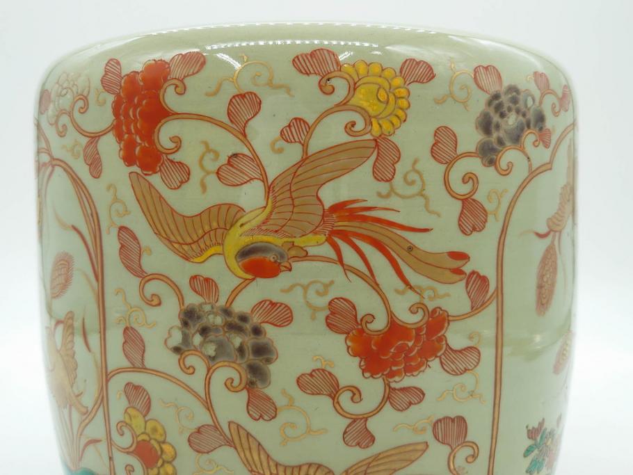 上手物　染付　色絵　金彩　花鳥図　丁寧に描かれた絵柄が素敵な火鉢(鉢カバー、手あぶり、傘立て)(R-083135)