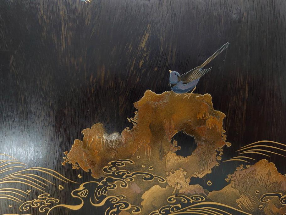 明治期　小川松民　晴川院法印　金銀蒔絵　波千鳥　豪華な蒔絵が素晴らしい!上品な雰囲気漂う硯箱(硯、水滴、水差し、漆器、漆芸、木製、書道具、共箱付き)(R-083136)