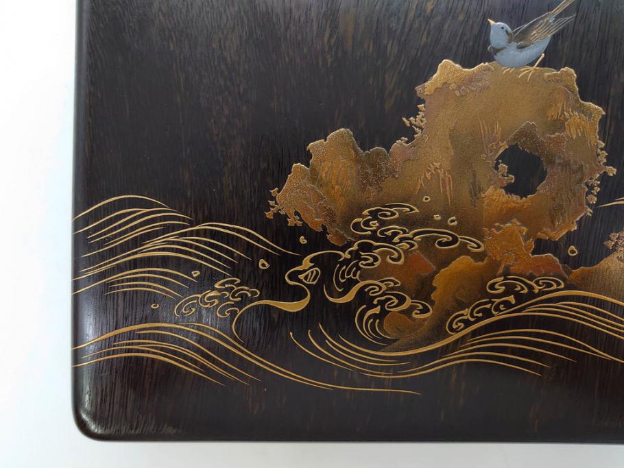 明治期　小川松民　晴川院法印　金銀蒔絵　波千鳥　豪華な蒔絵が素晴らしい!上品な雰囲気漂う硯箱(硯、水滴、水差し、漆器、漆芸、木製、書道具、共箱付き)(R-083136)