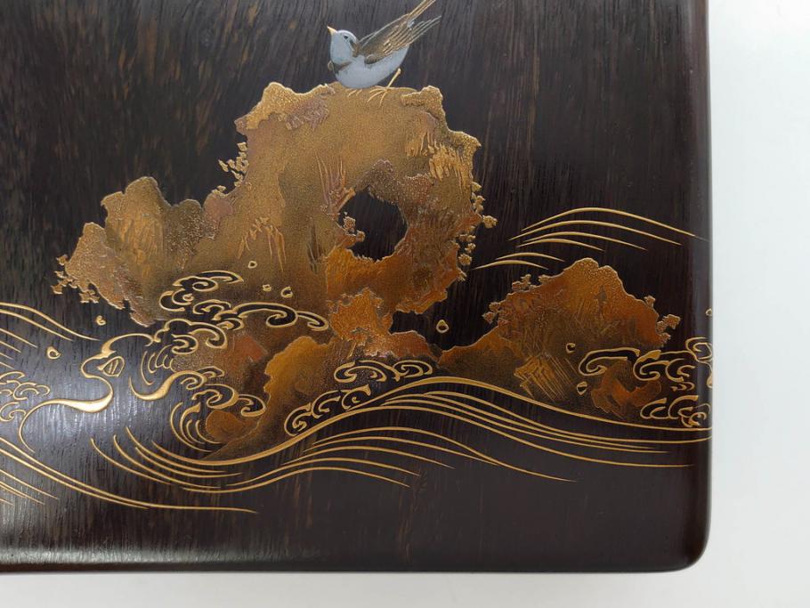 明治期　小川松民　晴川院法印　金銀蒔絵　波千鳥　豪華な蒔絵が素晴らしい!上品な雰囲気漂う硯箱(硯、水滴、水差し、漆器、漆芸、木製、書道具、共箱付き)(R-083136)