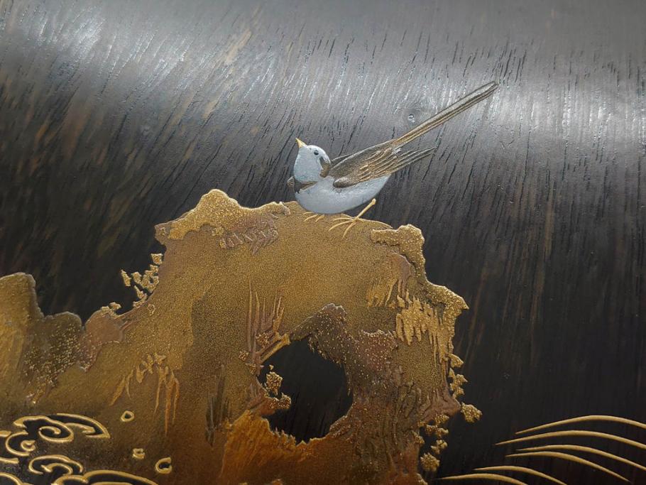 明治期　小川松民　晴川院法印　金銀蒔絵　波千鳥　豪華な蒔絵が素晴らしい!上品な雰囲気漂う硯箱(硯、水滴、水差し、漆器、漆芸、木製、書道具、共箱付き)(R-083136)