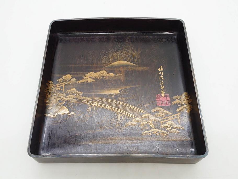 明治期　小川松民　晴川院法印　金銀蒔絵　波千鳥　豪華な蒔絵が素晴らしい!上品な雰囲気漂う硯箱(硯、水滴、水差し、漆器、漆芸、木製、書道具、共箱付き)(R-083136)