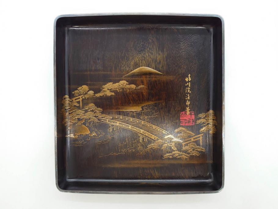 明治期　小川松民　晴川院法印　金銀蒔絵　波千鳥　豪華な蒔絵が素晴らしい!上品な雰囲気漂う硯箱(硯、水滴、水差し、漆器、漆芸、木製、書道具、共箱付き)(R-083136)