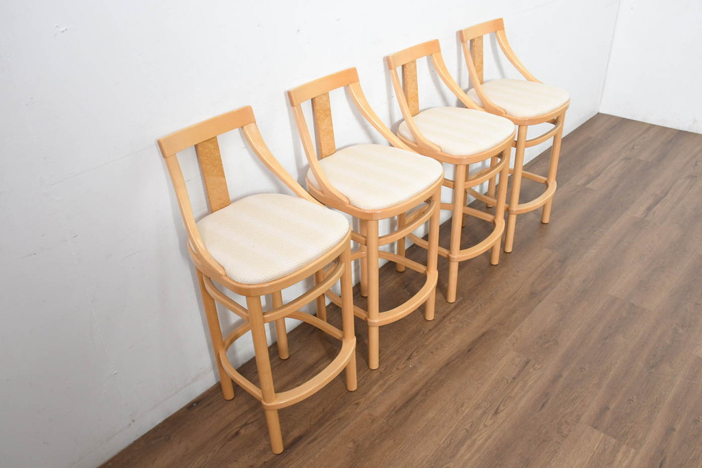 中古　超美品!　松創　シカモア材　バーズアイメープル　モダンで品のある佇まいのカウンターチェア4脚セット(ハイチェア、バーチェア、椅子、イス、バラ売り可能)(R-082593)