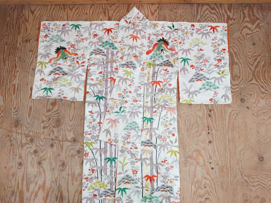 大正～昭和初期　正絹　刺繍　鶴亀　松竹梅　着物　打掛(古布、リメイク、衣装、Japanese KIMONO)(R-076757)