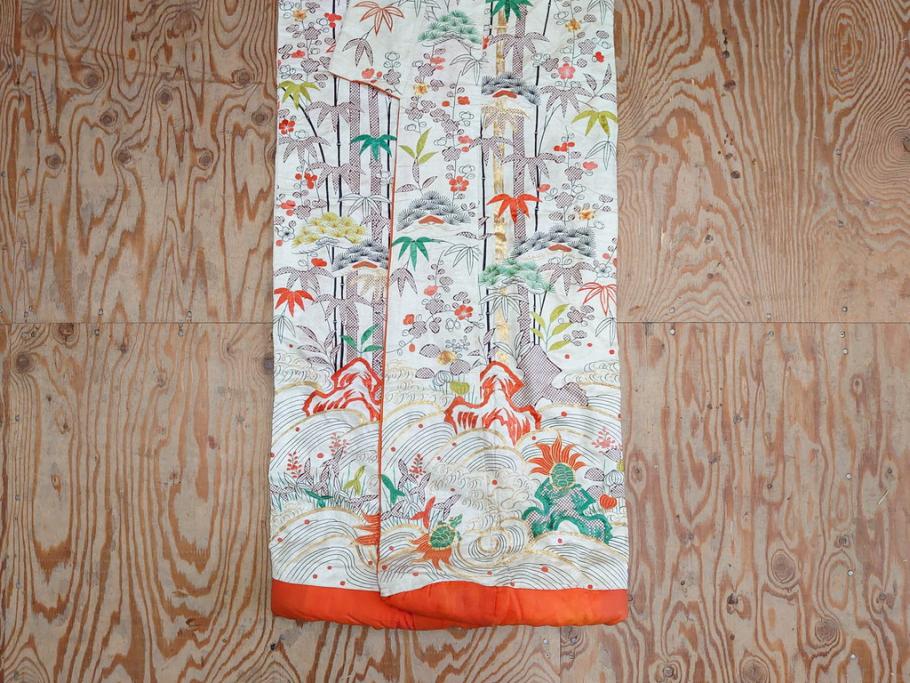 大正～昭和初期　正絹　刺繍　鶴亀　松竹梅　着物　打掛(古布、リメイク、衣装、Japanese KIMONO)(R-076757)