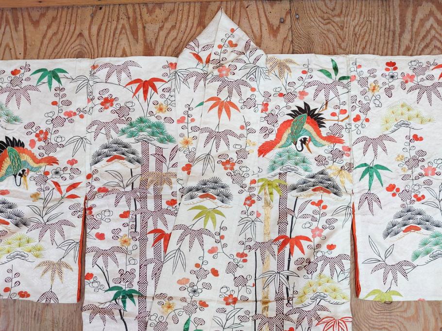大正～昭和初期　正絹　刺繍　鶴亀　松竹梅　着物　打掛(古布、リメイク、衣装、Japanese KIMONO)(R-076757)