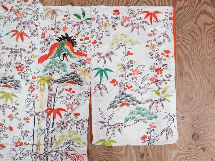 大正～昭和初期　正絹　刺繍　鶴亀　松竹梅　着物　打掛(古布、リメイク、衣装、Japanese KIMONO)(R-076757)
