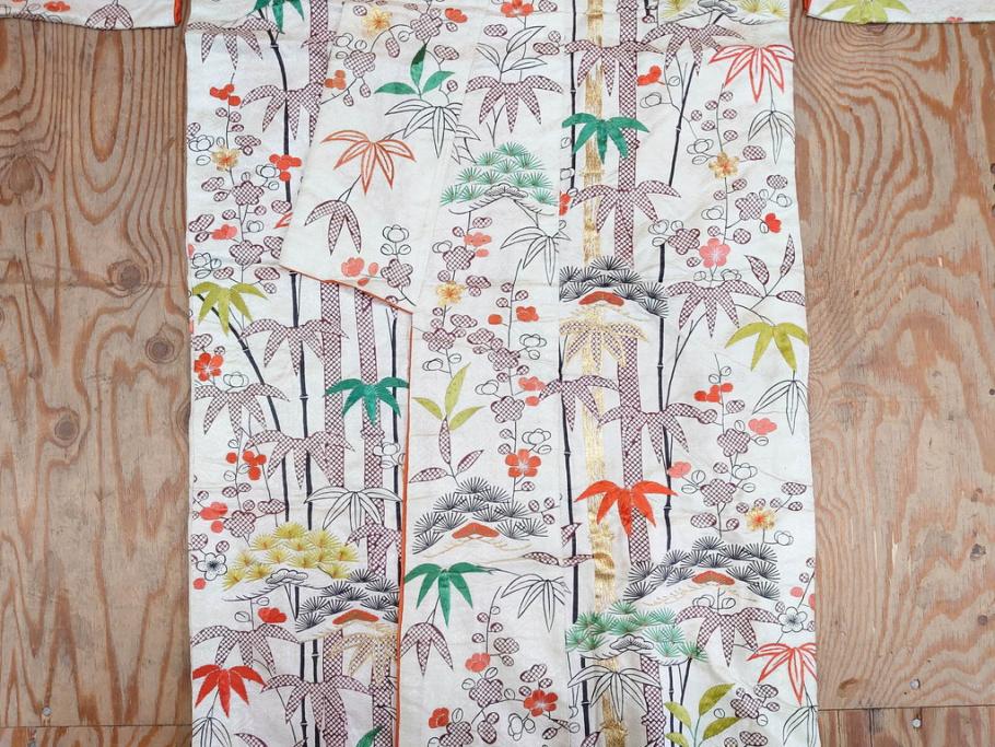 大正～昭和初期　正絹　刺繍　鶴亀　松竹梅　着物　打掛(古布、リメイク、衣装、Japanese KIMONO)(R-076757)