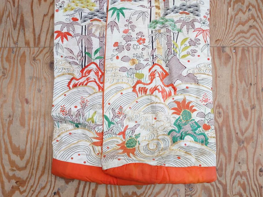 大正～昭和初期　正絹　刺繍　鶴亀　松竹梅　着物　打掛(古布、リメイク、衣装、Japanese KIMONO)(R-076757)