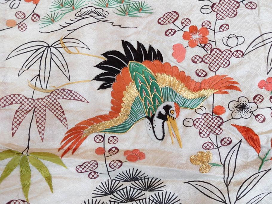 大正～昭和初期　正絹　刺繍　鶴亀　松竹梅　着物　打掛(古布、リメイク、衣装、Japanese KIMONO)(R-076757)