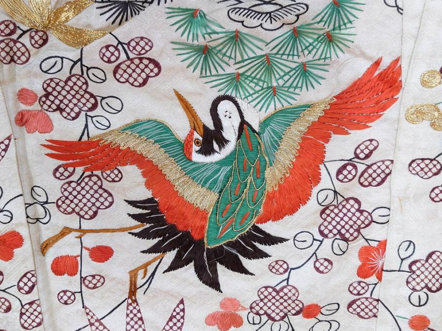大正～昭和初期　正絹　刺繍　鶴亀　松竹梅　着物　打掛(古布、リメイク、衣装、Japanese KIMONO)(R-076757)