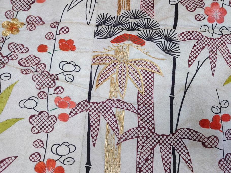 大正～昭和初期　正絹　刺繍　鶴亀　松竹梅　着物　打掛(古布、リメイク、衣装、Japanese KIMONO)(R-076757)