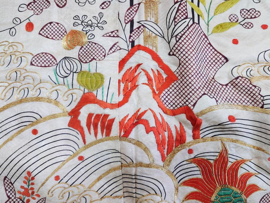大正～昭和初期　正絹　刺繍　鶴亀　松竹梅　着物　打掛(古布、リメイク、衣装、Japanese KIMONO)(R-076757)