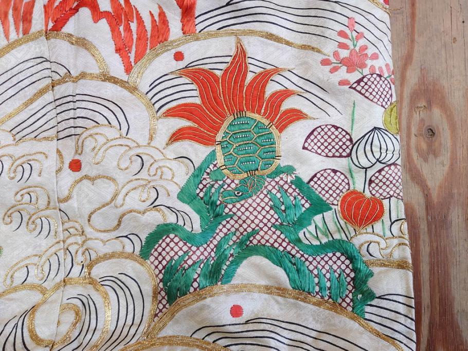 大正～昭和初期　正絹　刺繍　鶴亀　松竹梅　着物　打掛(古布、リメイク、衣装、Japanese KIMONO)(R-076757)