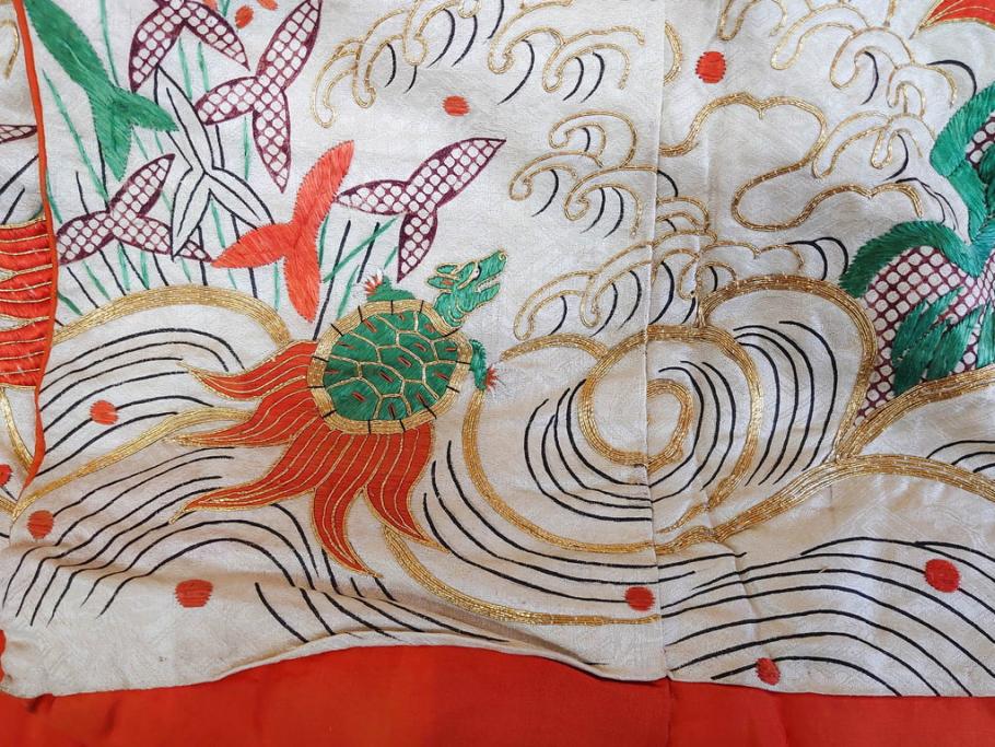 大正～昭和初期　正絹　刺繍　鶴亀　松竹梅　着物　打掛(古布、リメイク、衣装、Japanese KIMONO)(R-076757)