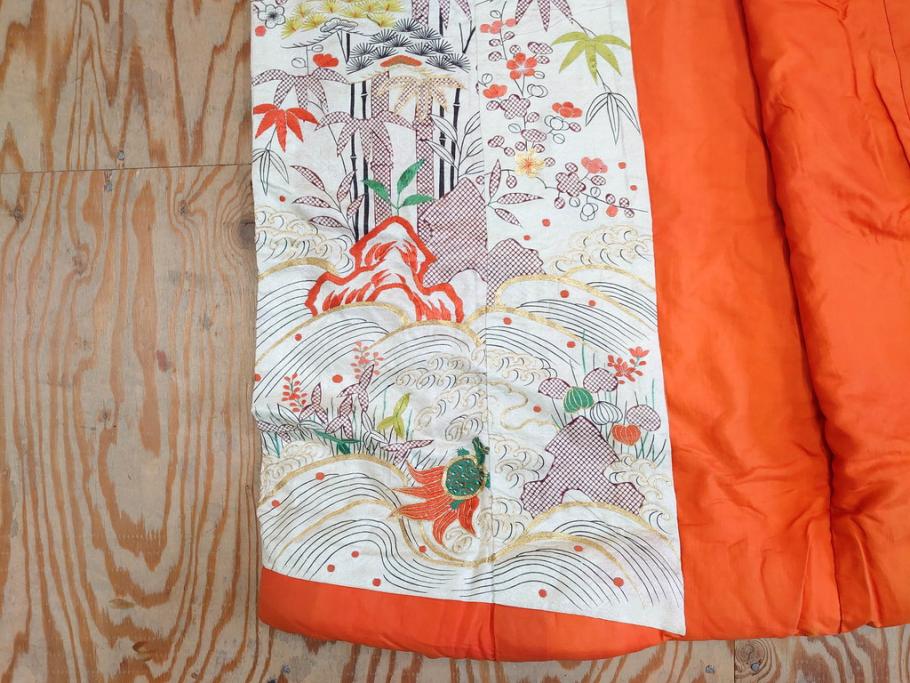 大正～昭和初期　正絹　刺繍　鶴亀　松竹梅　着物　打掛(古布、リメイク、衣装、Japanese KIMONO)(R-076757)