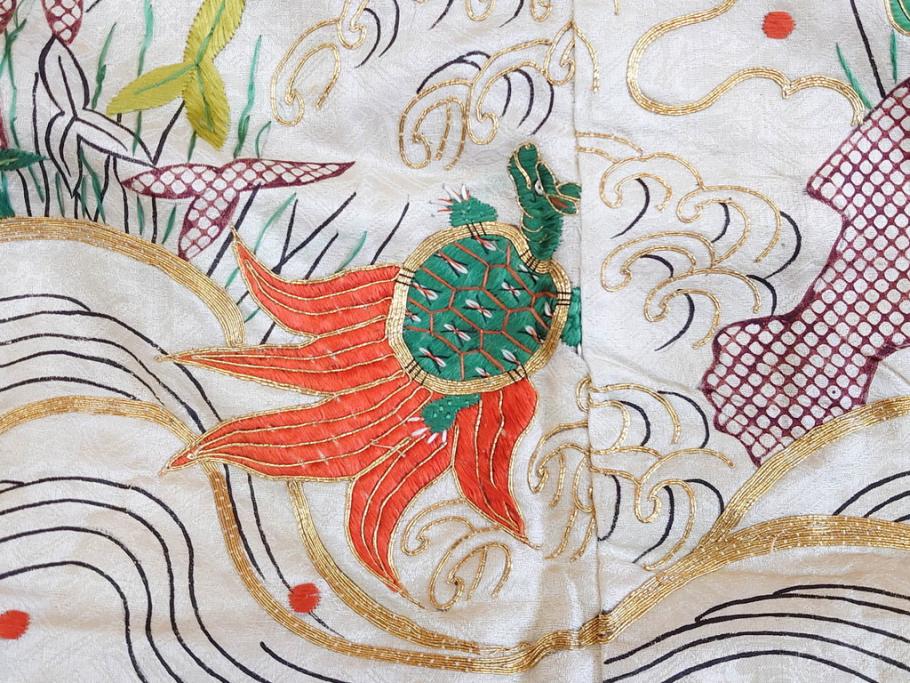 大正～昭和初期　正絹　刺繍　鶴亀　松竹梅　着物　打掛(古布、リメイク、衣装、Japanese KIMONO)(R-076757)