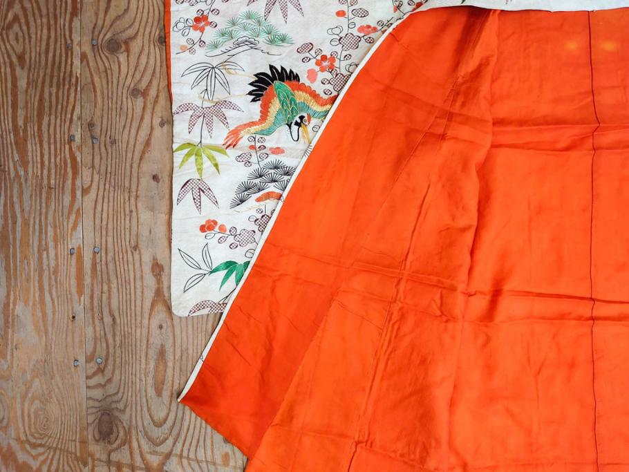 大正～昭和初期　正絹　刺繍　鶴亀　松竹梅　着物　打掛(古布、リメイク、衣装、Japanese KIMONO)(R-076757)