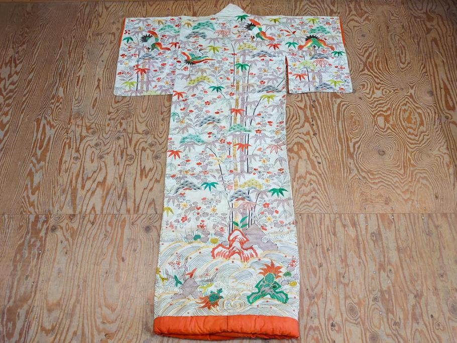 大正～昭和初期　正絹　刺繍　鶴亀　松竹梅　着物　打掛(古布、リメイク、衣装、Japanese KIMONO)(R-076757)