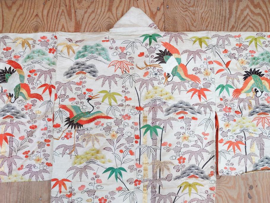 大正～昭和初期　正絹　刺繍　鶴亀　松竹梅　着物　打掛(古布、リメイク、衣装、Japanese KIMONO)(R-076757)