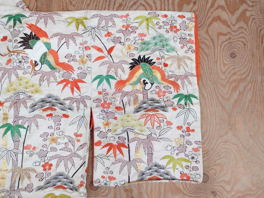 大正～昭和初期　正絹　刺繍　鶴亀　松竹梅　着物　打掛(古布、リメイク、衣装、Japanese KIMONO)(R-076757)