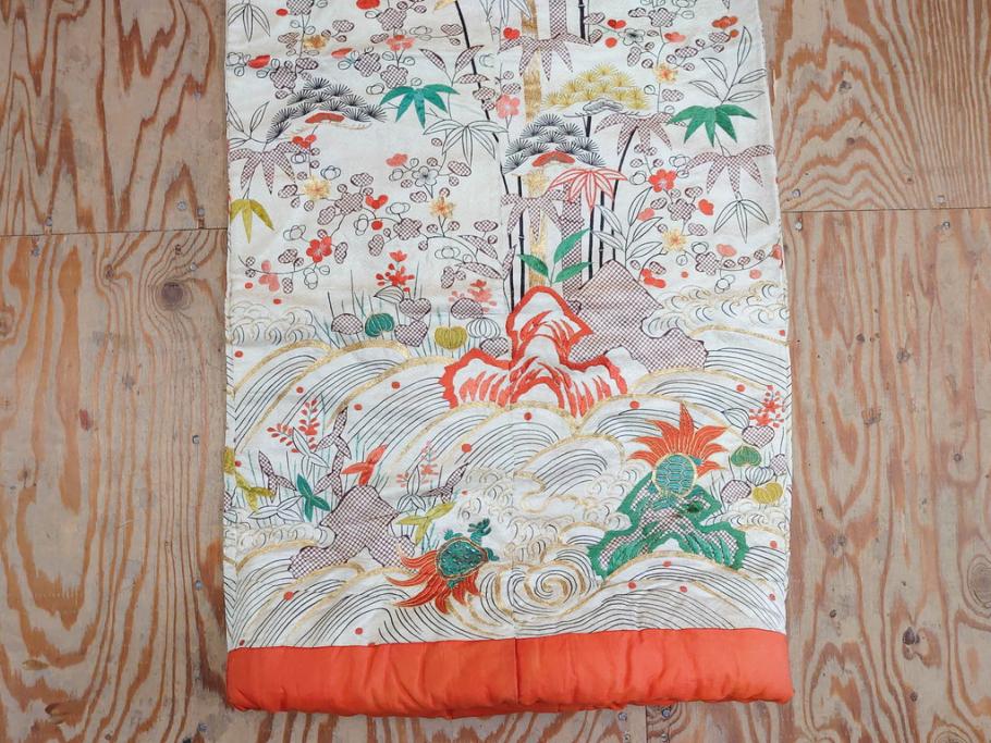 大正～昭和初期　正絹　刺繍　鶴亀　松竹梅　着物　打掛(古布、リメイク、衣装、Japanese KIMONO)(R-076757)