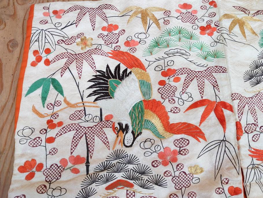 大正～昭和初期　正絹　刺繍　鶴亀　松竹梅　着物　打掛(古布、リメイク、衣装、Japanese KIMONO)(R-076757)
