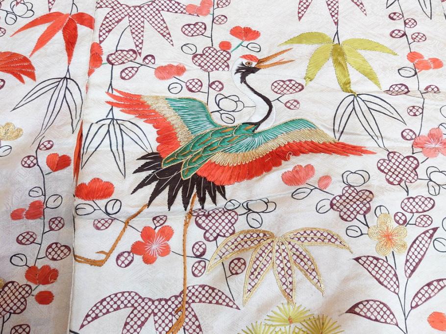 大正～昭和初期　正絹　刺繍　鶴亀　松竹梅　着物　打掛(古布、リメイク、衣装、Japanese KIMONO)(R-076757)