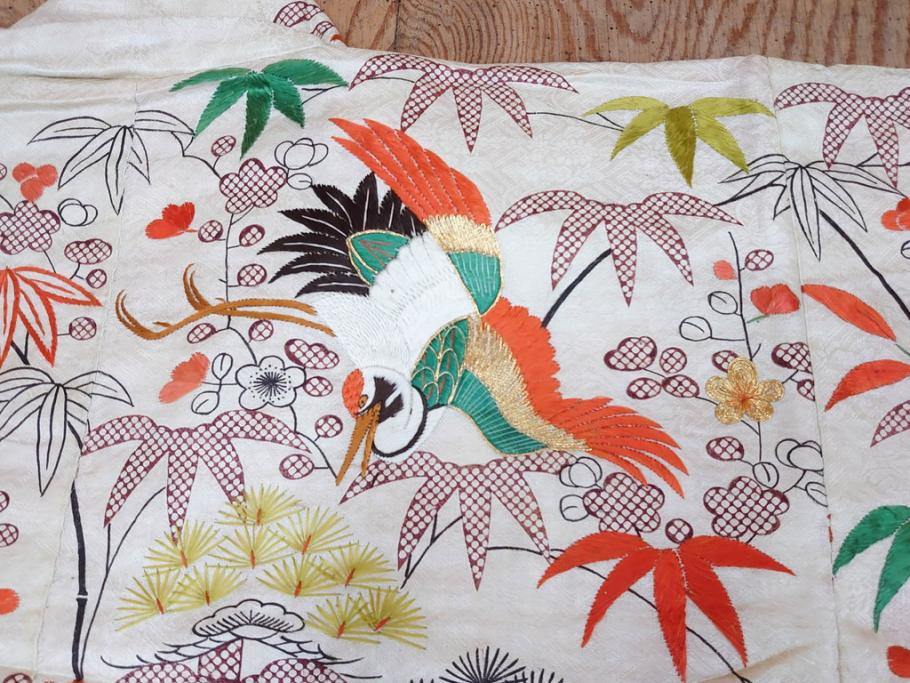 大正～昭和初期　正絹　刺繍　鶴亀　松竹梅　着物　打掛(古布、リメイク、衣装、Japanese KIMONO)(R-076757)