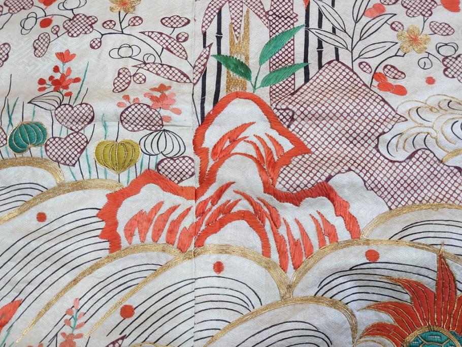 大正～昭和初期　正絹　刺繍　鶴亀　松竹梅　着物　打掛(古布、リメイク、衣装、Japanese KIMONO)(R-076757)