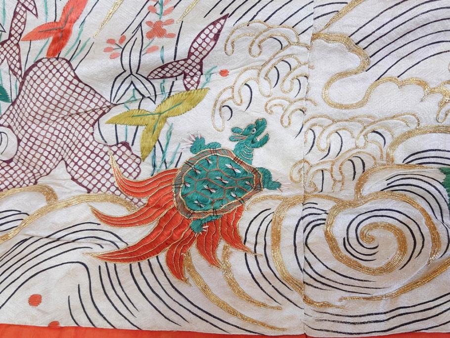 大正～昭和初期　正絹　刺繍　鶴亀　松竹梅　着物　打掛(古布、リメイク、衣装、Japanese KIMONO)(R-076757)