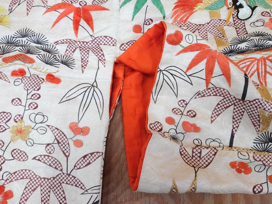 大正～昭和初期　正絹　刺繍　鶴亀　松竹梅　着物　打掛(古布、リメイク、衣装、Japanese KIMONO)(R-076757)