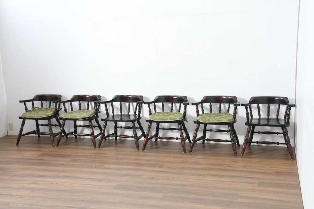 中古　美品　国産職人手作り　カバ材　品でクラシカルな佇まいがお洒落なキャプテンチェア6脚セット(アームチェア、ダイニングチェア、板座チェア、椅子、イス、バラ売り可能)(R-082741)