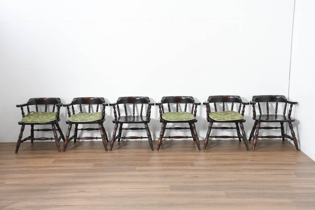 中古　美品　国産職人手作り　カバ材　品でクラシカルな佇まいがお洒落なキャプテンチェア6脚セット(アームチェア、ダイニングチェア、板座チェア、椅子、イス、バラ売り可能)(R-082741)