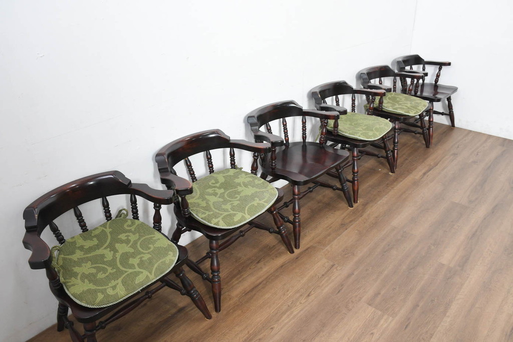 中古　美品　国産職人手作り　カバ材　品でクラシカルな佇まいがお洒落なキャプテンチェア6脚セット(アームチェア、ダイニングチェア、板座チェア、椅子、イス、バラ売り可能)(R-082741)
