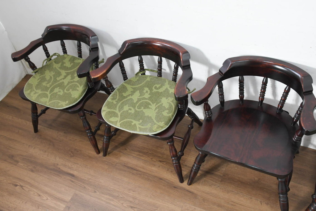 中古　美品　国産職人手作り　カバ材　品でクラシカルな佇まいがお洒落なキャプテンチェア6脚セット(アームチェア、ダイニングチェア、板座チェア、椅子、イス、バラ売り可能)(R-082741)