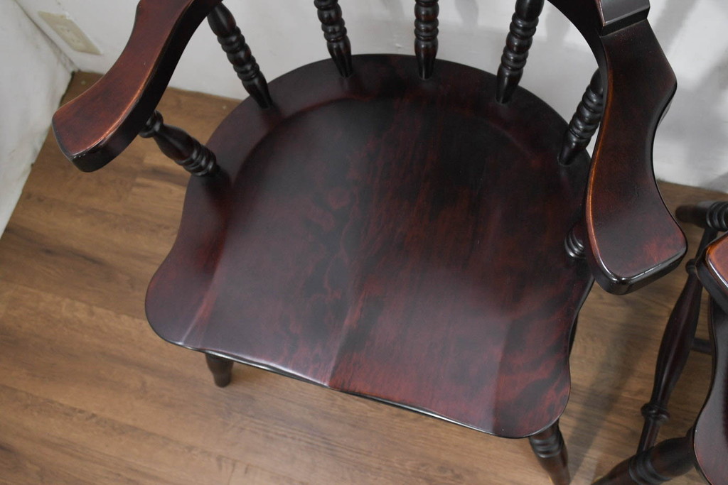 中古　美品　国産職人手作り　カバ材　品でクラシカルな佇まいがお洒落なキャプテンチェア6脚セット(アームチェア、ダイニングチェア、板座チェア、椅子、イス、バラ売り可能)(R-082741)