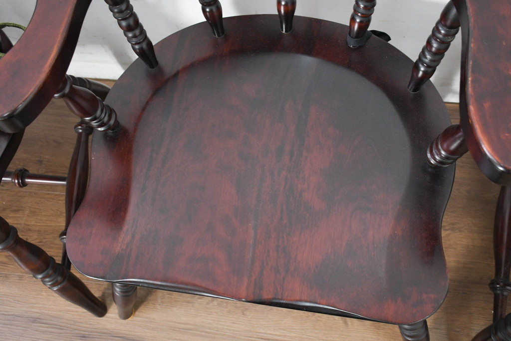 中古　美品　国産職人手作り　カバ材　品でクラシカルな佇まいがお洒落なキャプテンチェア6脚セット(アームチェア、ダイニングチェア、板座チェア、椅子、イス、バラ売り可能)(R-082741)