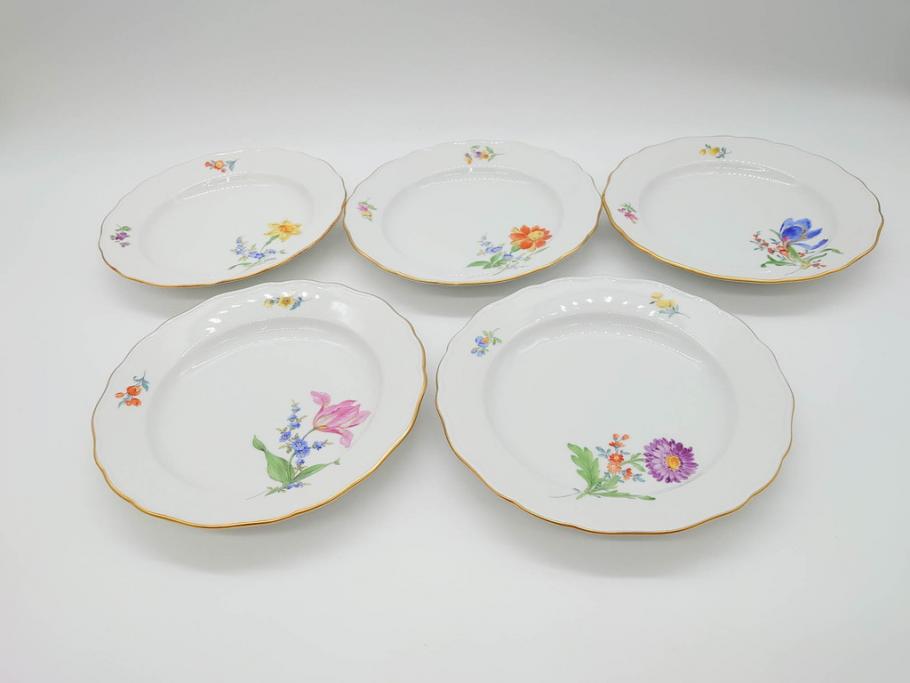 ドイツ　マイセン　Meissen　ベーシックフラワー　二つ花　それぞれ違った花達が食卓のアクセントになるプレート5枚セット(皿、洋食器)(R-070200)