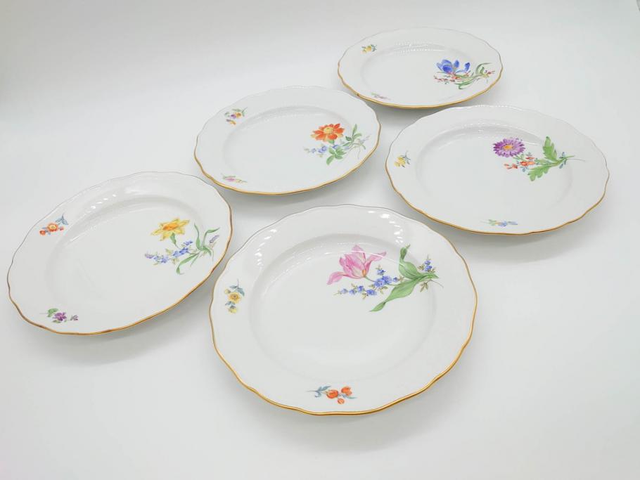 ドイツ　マイセン　Meissen　ベーシックフラワー　二つ花　それぞれ違った花達が食卓のアクセントになるプレート5枚セット(皿、洋食器)(R-070200)