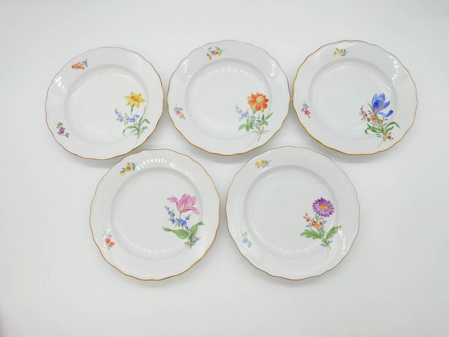 ドイツ　マイセン　Meissen　ベーシックフラワー　二つ花　それぞれ違った花達が食卓のアクセントになるプレート5枚セット(皿、洋食器)(R-070200)
